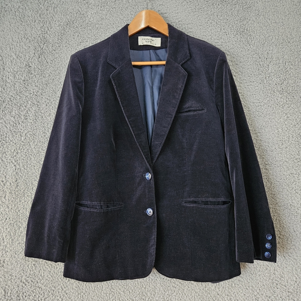 Vintage Women's Velvet Blazer Size 18 L Navy Blue Changing Scene Made in Japan